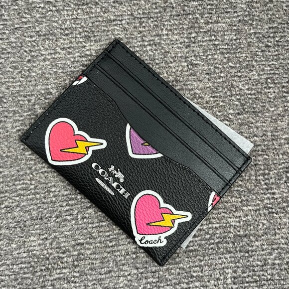 COACH CW922 Slim Id Card Case Heart Bolt Print Coated Canvas&Leather Black Multi - Picture 3 of 5